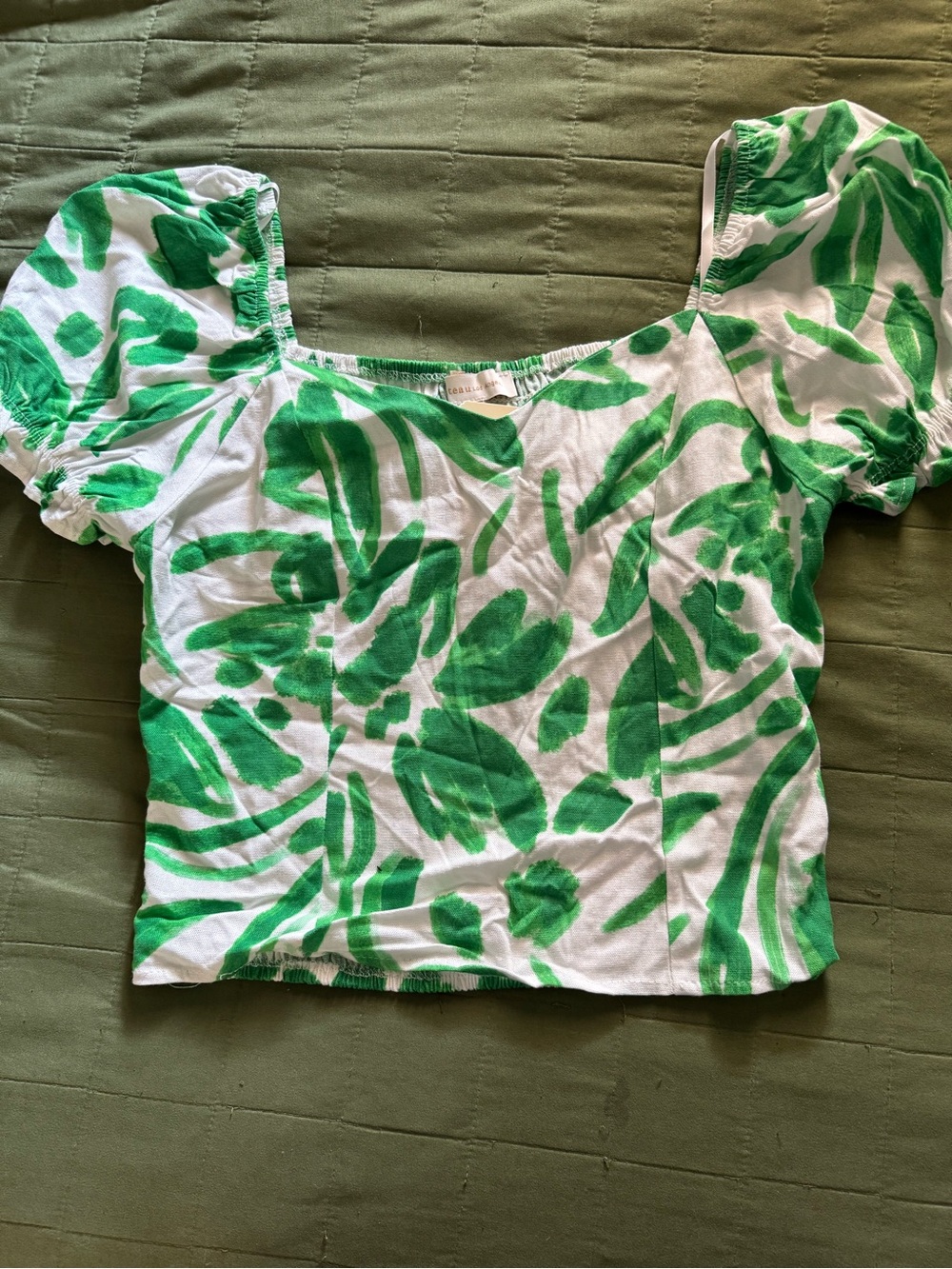 Monteau White and Green Leaf-Print Puff Sleeve Crop Top